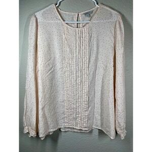 Lucky Brand Women XL Beige Dot Print Pleated Long Sleeve Blouse Top